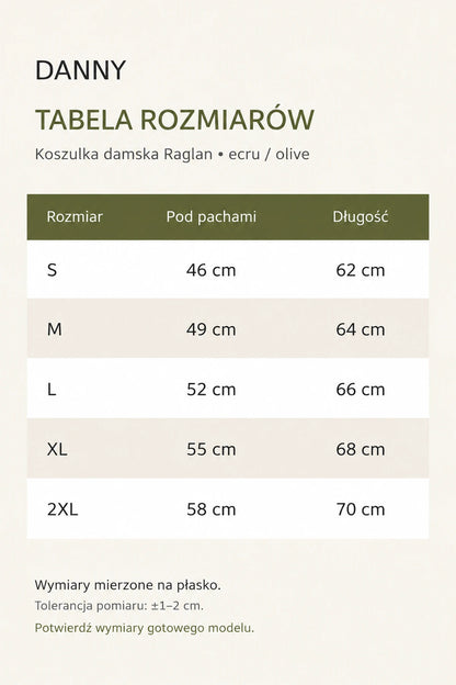 Tabela rozmiarów DANNY Raglan damska ecru olive