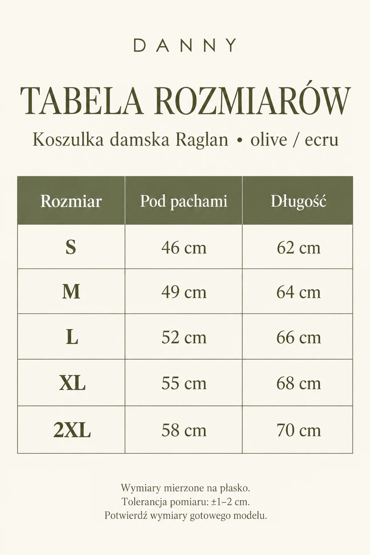 DANNY olive ecru tabela rozmiarów S-2XL