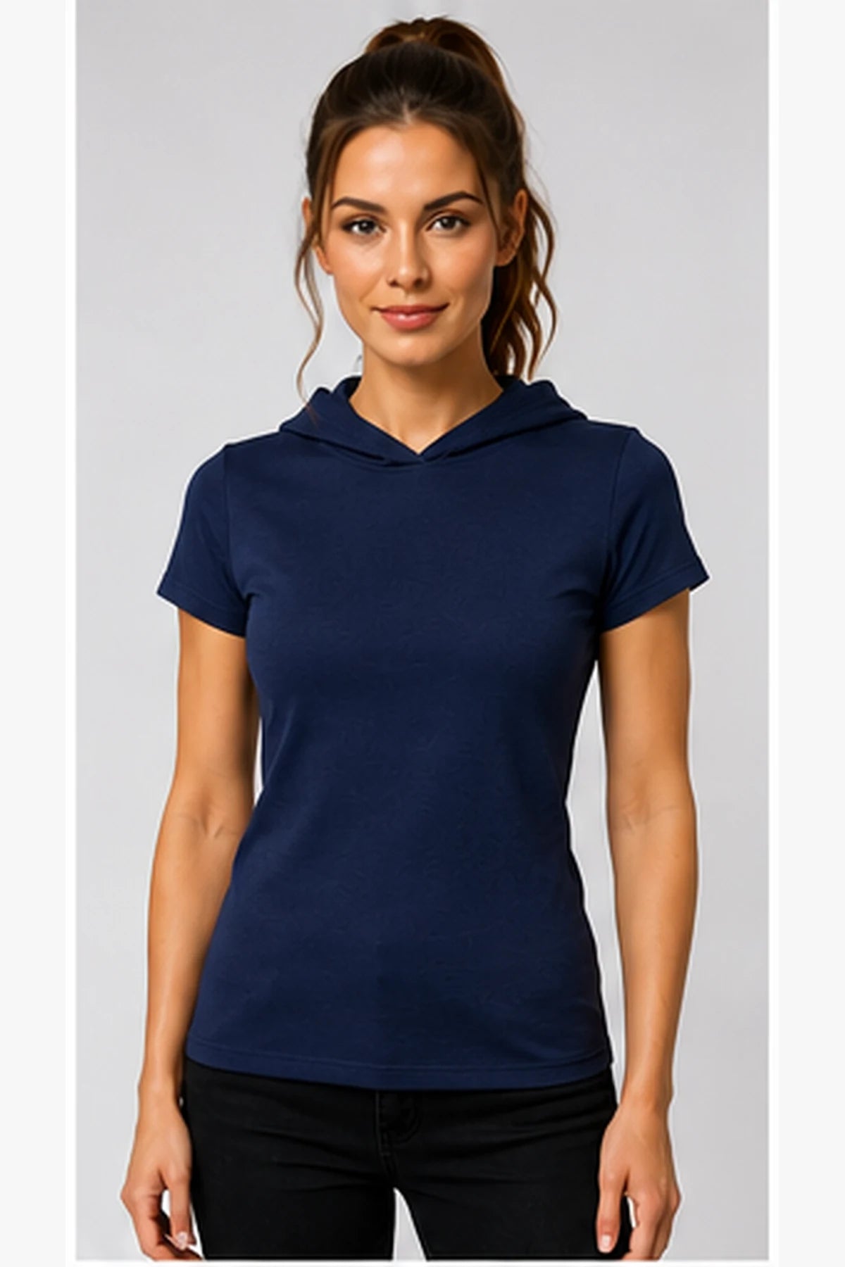 Granatowy T-shirt damski DANNY Slim Fit z krótkim rękawem – przód