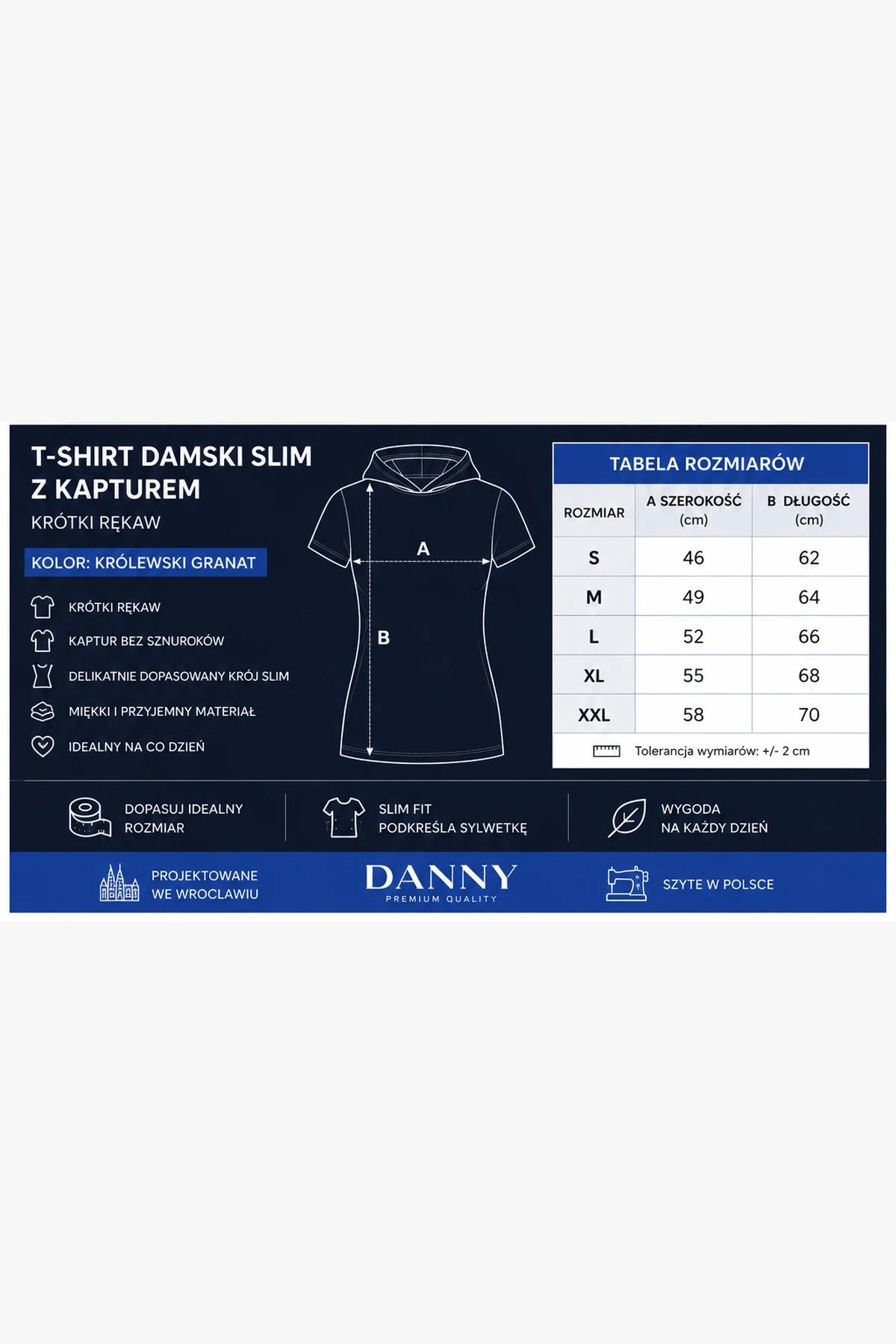 Tabela rozmiarów T-shirt damski DANNY Slim Fit z kapturem S XXL