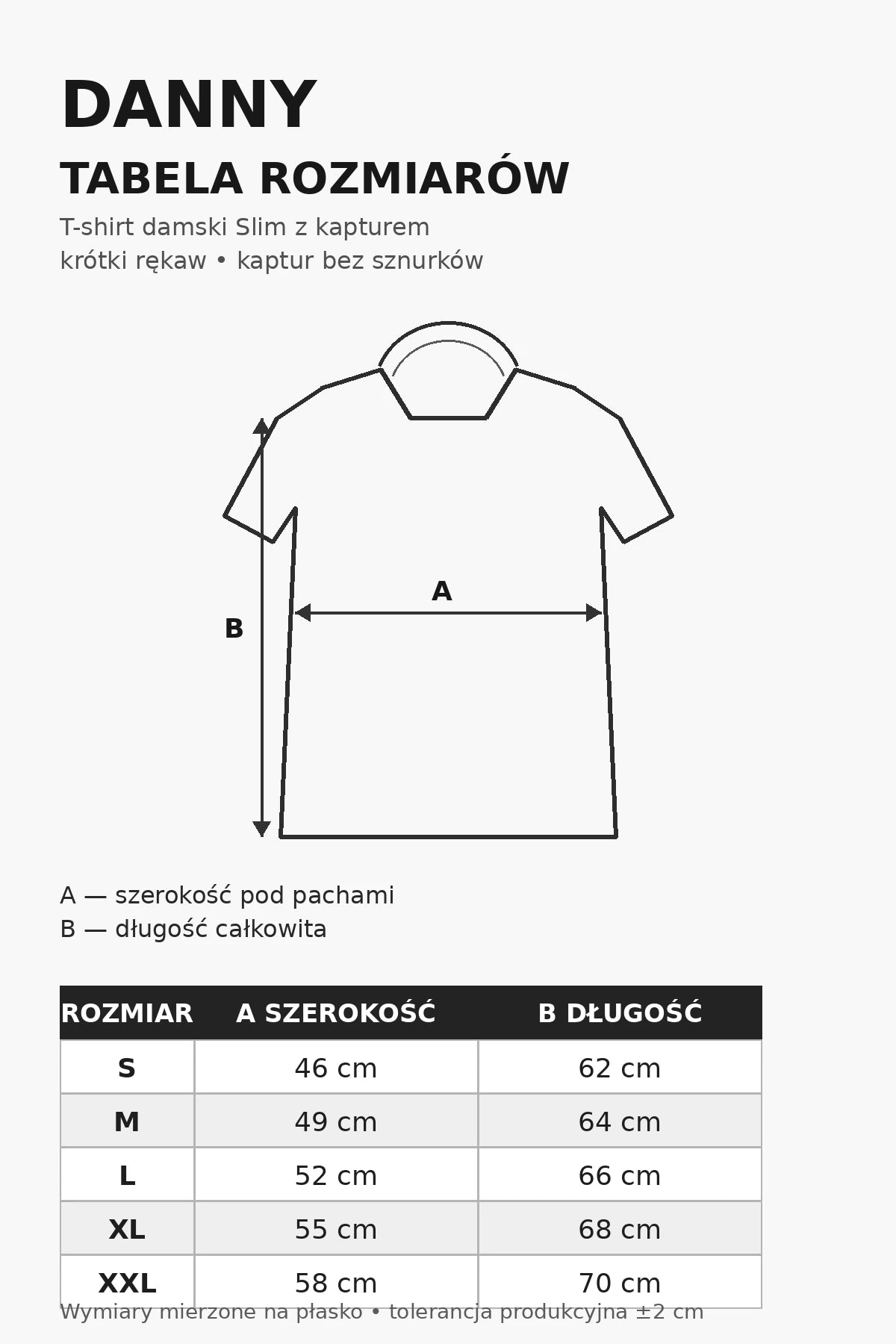 Tabela rozmiarów damskiego T-shirtu DANNY Slim Fit z kapturem – S do XXL