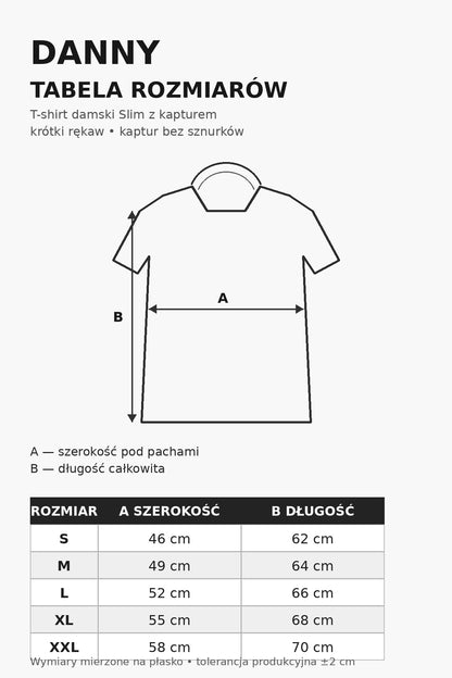 Tabela rozmiarów damskiego T-shirtu DANNY Slim Fit z kapturem – S do XXL