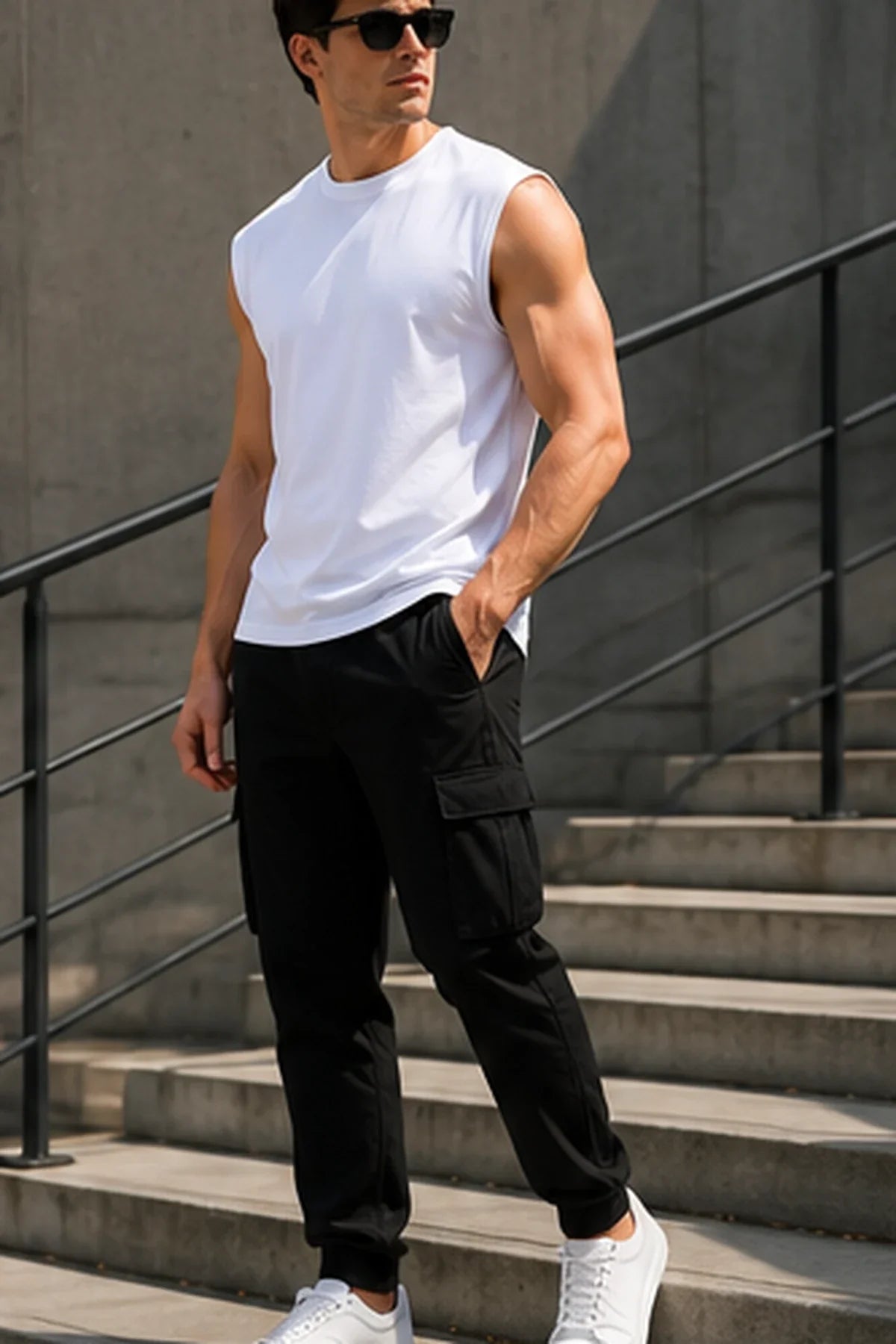 Biały T-shirt męski bez rękawów DANNY Urban Muscle – stylizacja streetwear