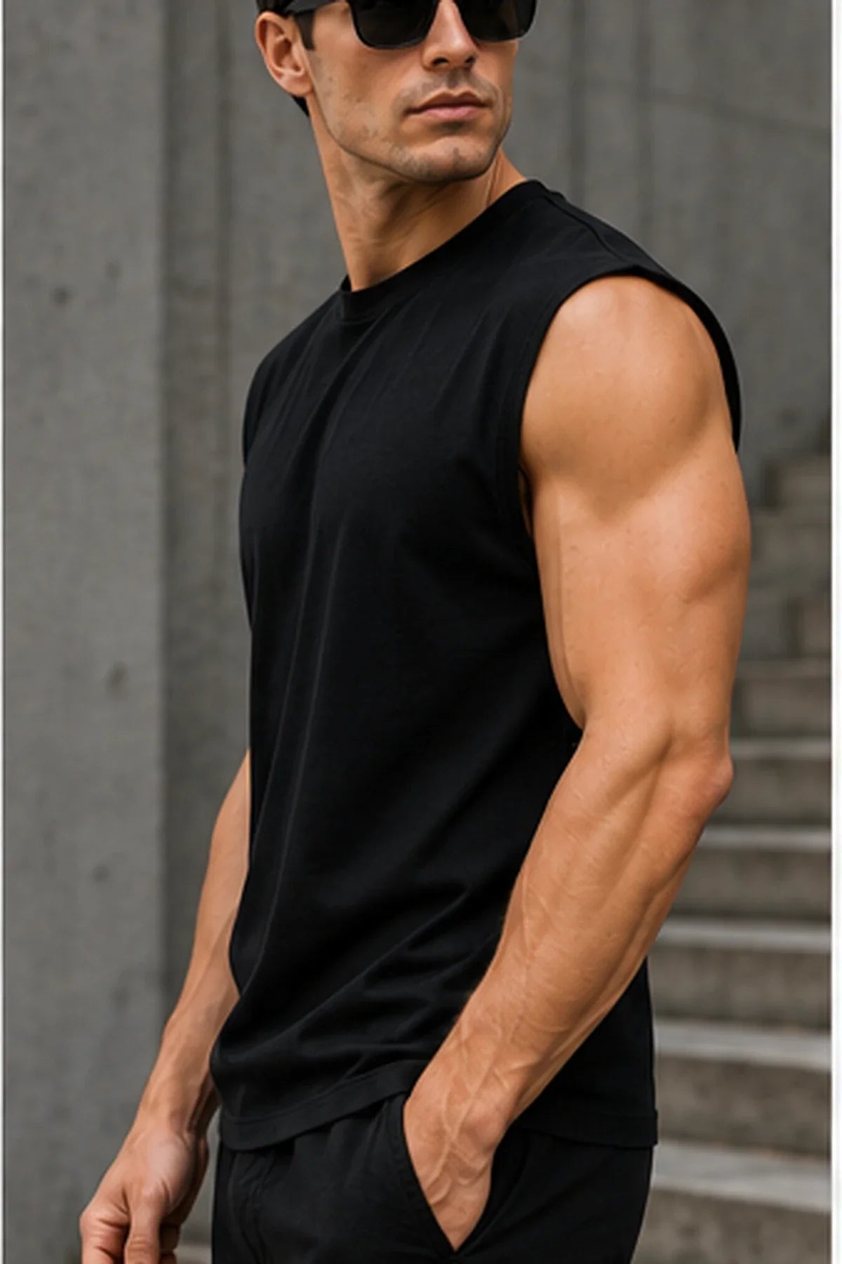 Czarny T-shirt męski bez rękawów DANNY Urban Muscle – półprofil, styl DANNY