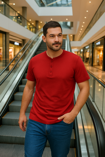 T-shirt męski zapinany na guziki Henley czerwony E101