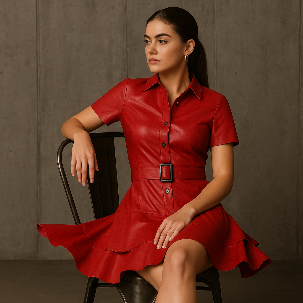 Elegancka sukienka czerwona mini z kołnierzykiem i paskiem