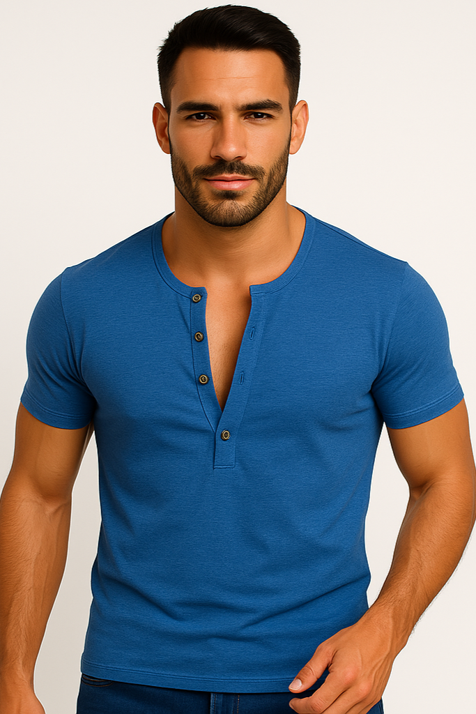 T-shirt męski zapinany na guziki Henley niebieski E101