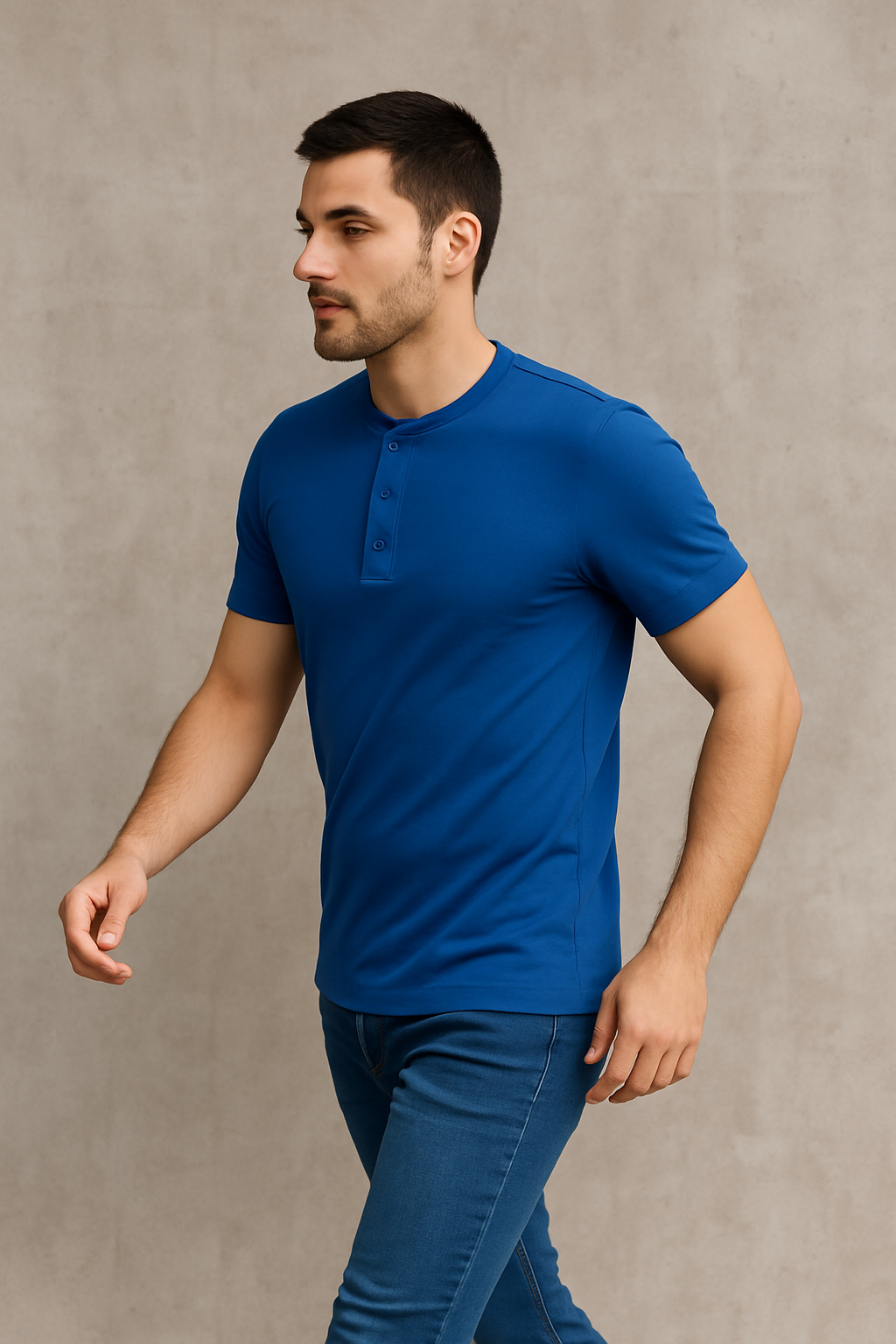 T-shirt męski zapinany na guziki Henley niebieski E101