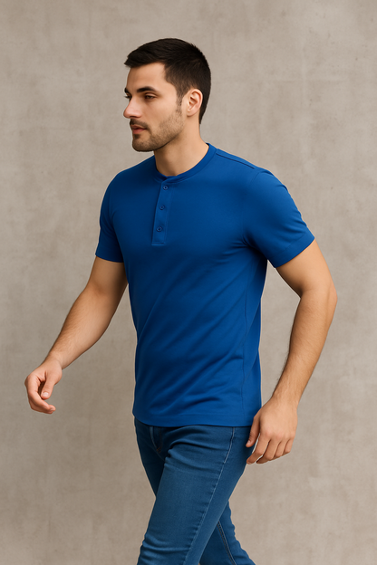 T-shirt męski zapinany na guziki Henley niebieski E101