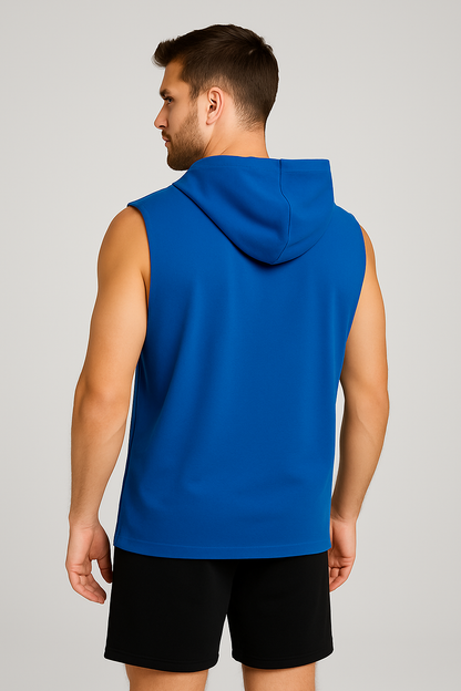 Męski T-shirt Bez Rękawów z Kapturem Niebieski