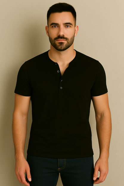 T-shirt męski zapinany na guziki Henley czarny E101
