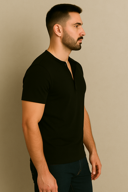 T-shirt męski zapinany na guziki Henley czarny E101