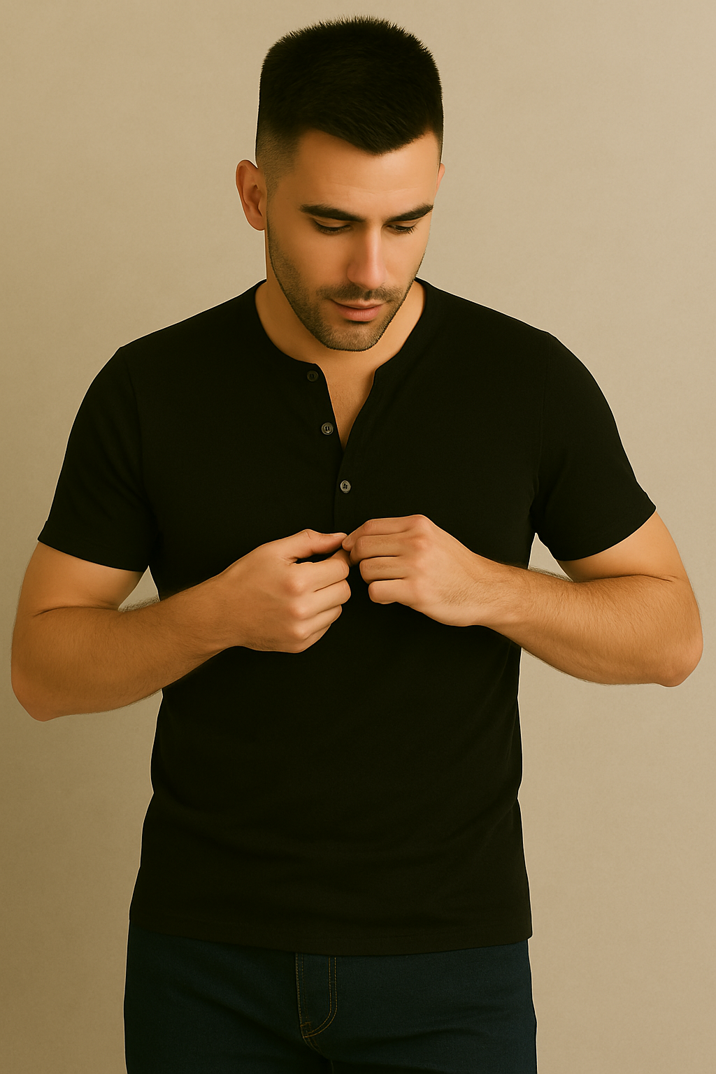 T-shirt męski zapinany na guziki Henley czarny E101