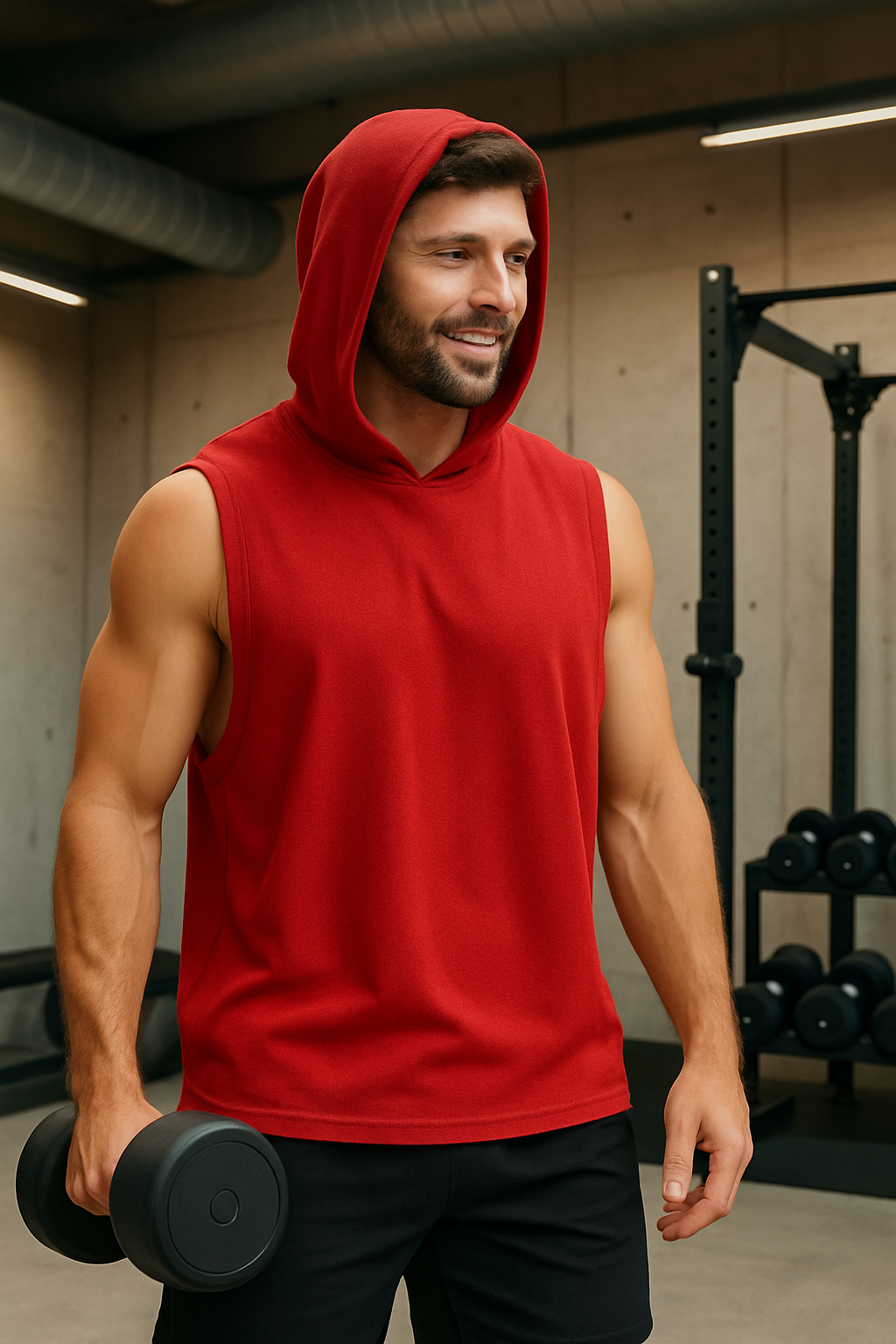 Męski T-shirt Bez Rękawów z Kapturem Czerwony
