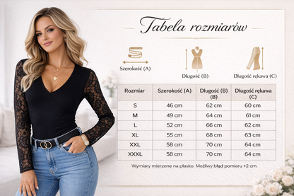 Bluzka damska czarna koronka rękaw dekolt V bawełna 95% ATRAKT SP Z O O