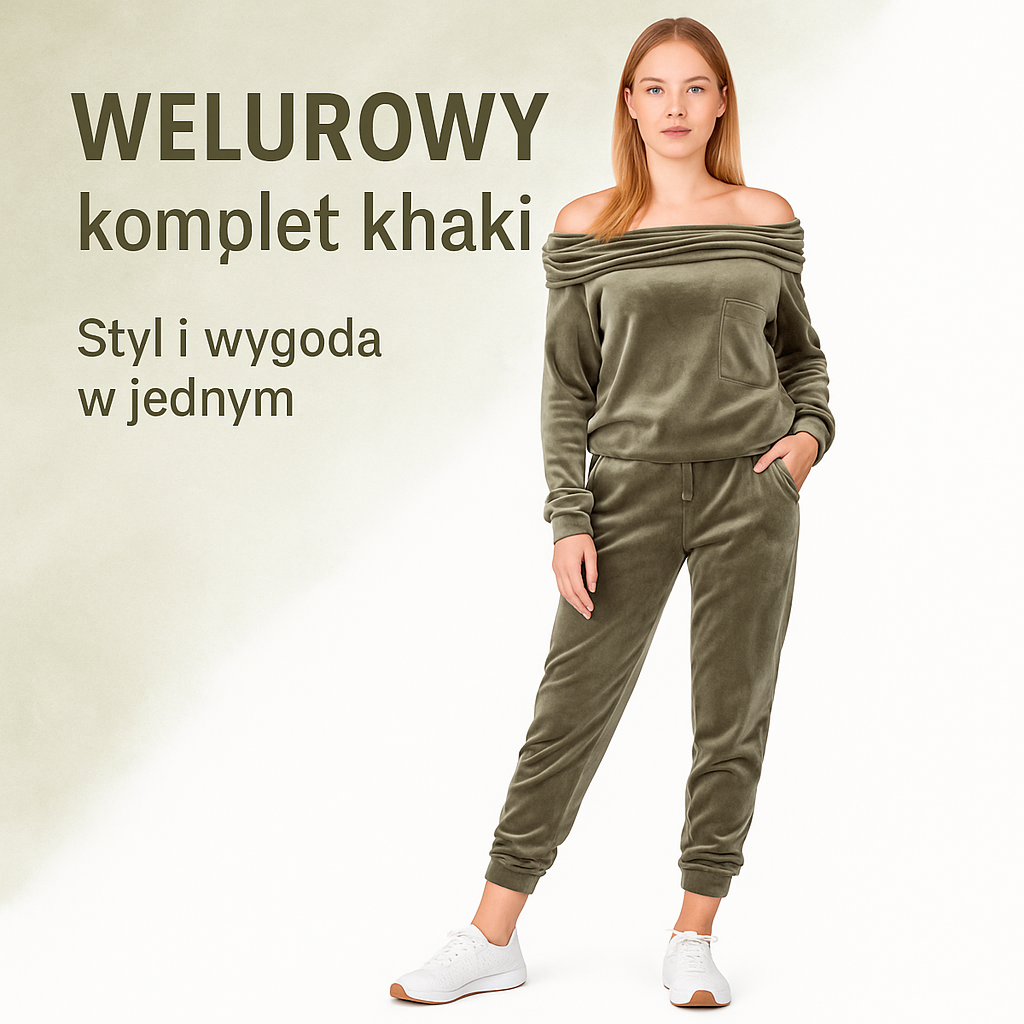 Dres welurowy opuszczany na ramionach oliwkowy S54