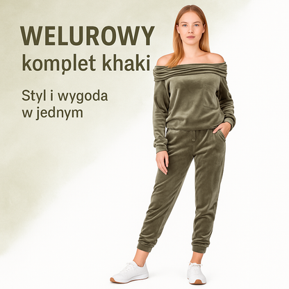 Dres welurowy opuszczany na ramionach oliwkowy S54