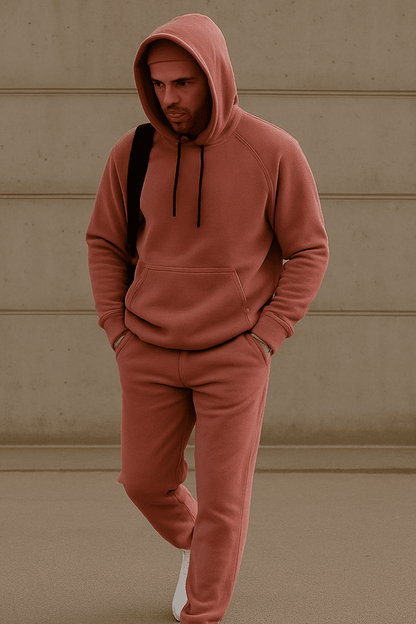 Komplet męski welurowy różowy bluza z kapturem i spodnie joggery - DANNY