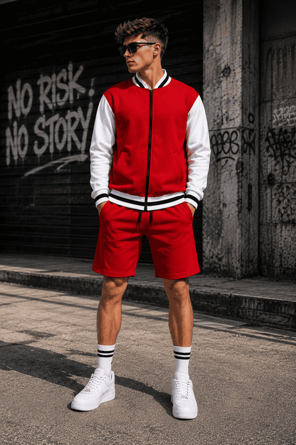Komplet Męski Varsity Czerwony – Bluza Baseballowa i Szorty Premium 320 g | DANNY