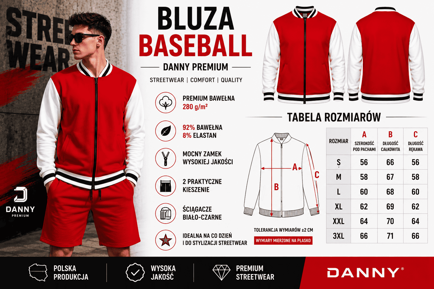 Komplet Męski Varsity Czerwony – Bluza Baseballowa i Szorty Premium 320 g | DANNY ATRAKT SP Z O O