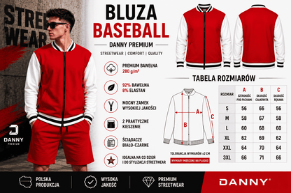 Komplet Męski Varsity Czerwony – Bluza Baseballowa i Szorty Premium 320 g | DANNY ATRAKT SP Z O O