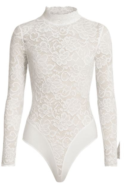 Koronkowe Body Damskie Białe Długi Rękaw Eleganckie BLANCÉ S127 - DANNY