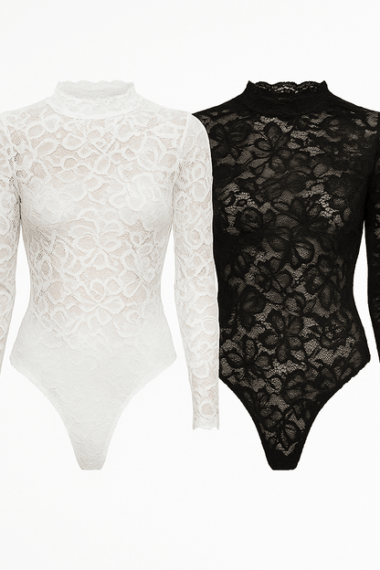 Koronkowe Body Damskie Białe Długi Rękaw Eleganckie BLANCÉ S127 - DANNY