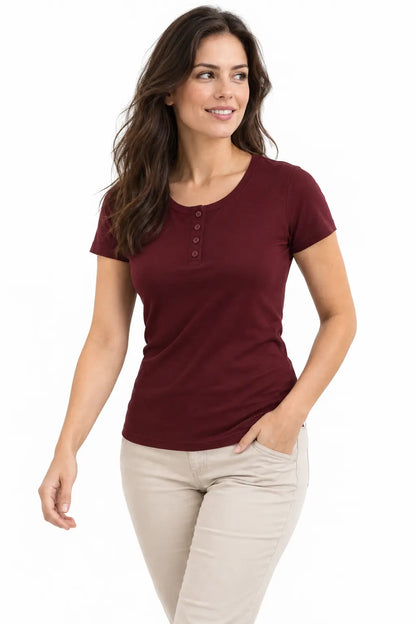 Koszulka damska Henley bordowa Slim Fit – naturalny półprofil