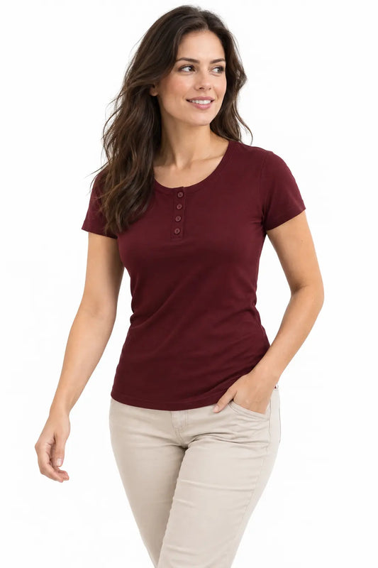 Koszulka damska Henley bordowa Slim Fit – naturalny półprofil
