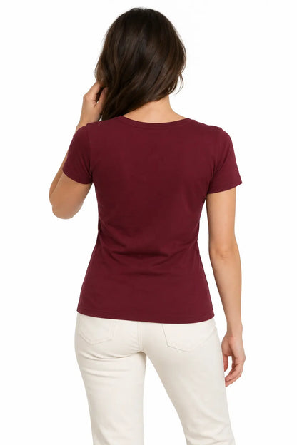Bordowa koszulka damska Henley Slim Fit – widok z tyłu