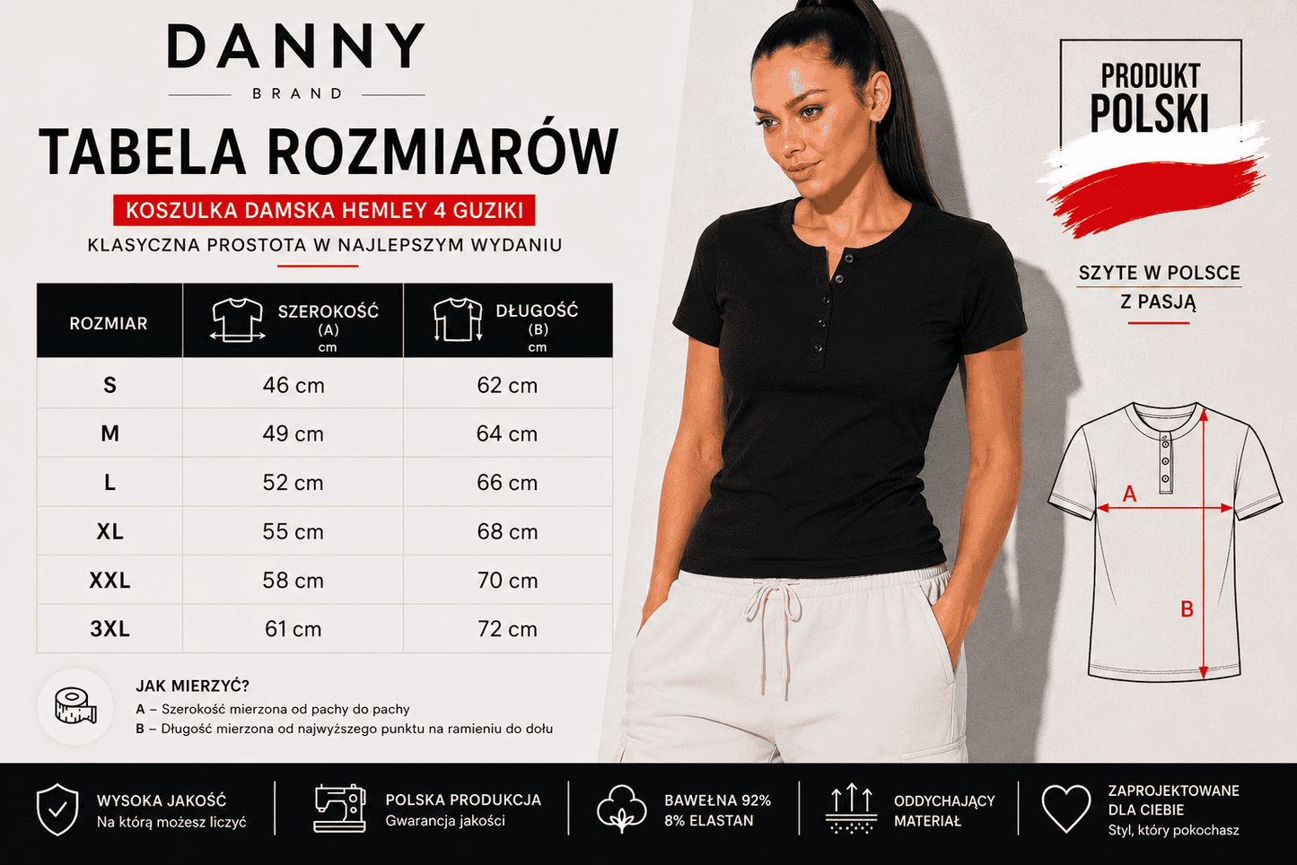 koszulka damska henley czarna tabela rozmiarow danny