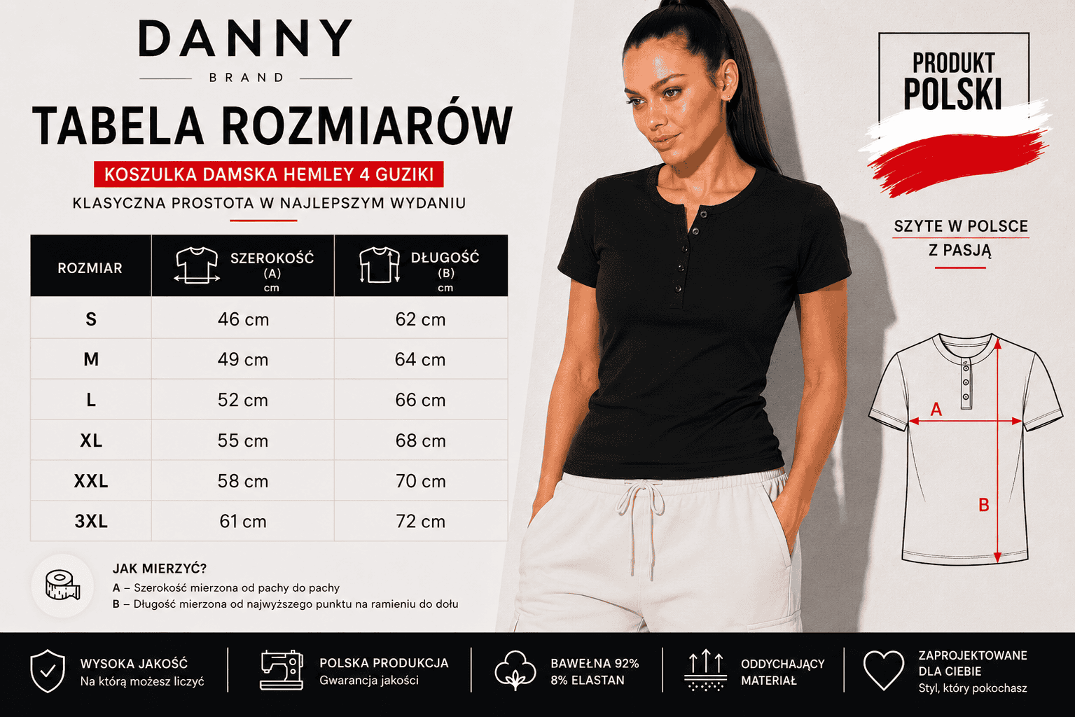 koszulka damska henley czarna tabela rozmiarow danny