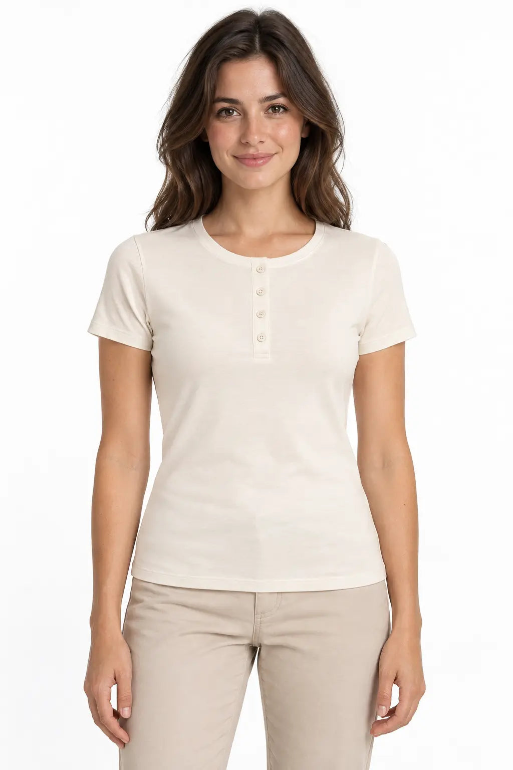 Koszulka damska Henley ecru Slim Fit – widok z przodu