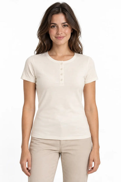 Koszulka damska Henley ecru Slim Fit – widok z przodu