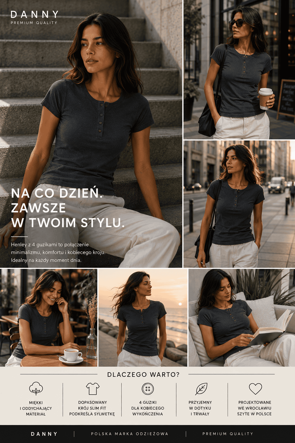 Koszulka damska henley szara danny marka polaka