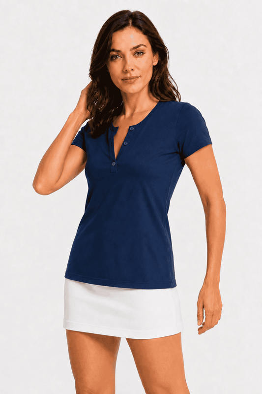 Koszulka damska Henley Slim Fit w kolorze królewskiego granatu – przód
