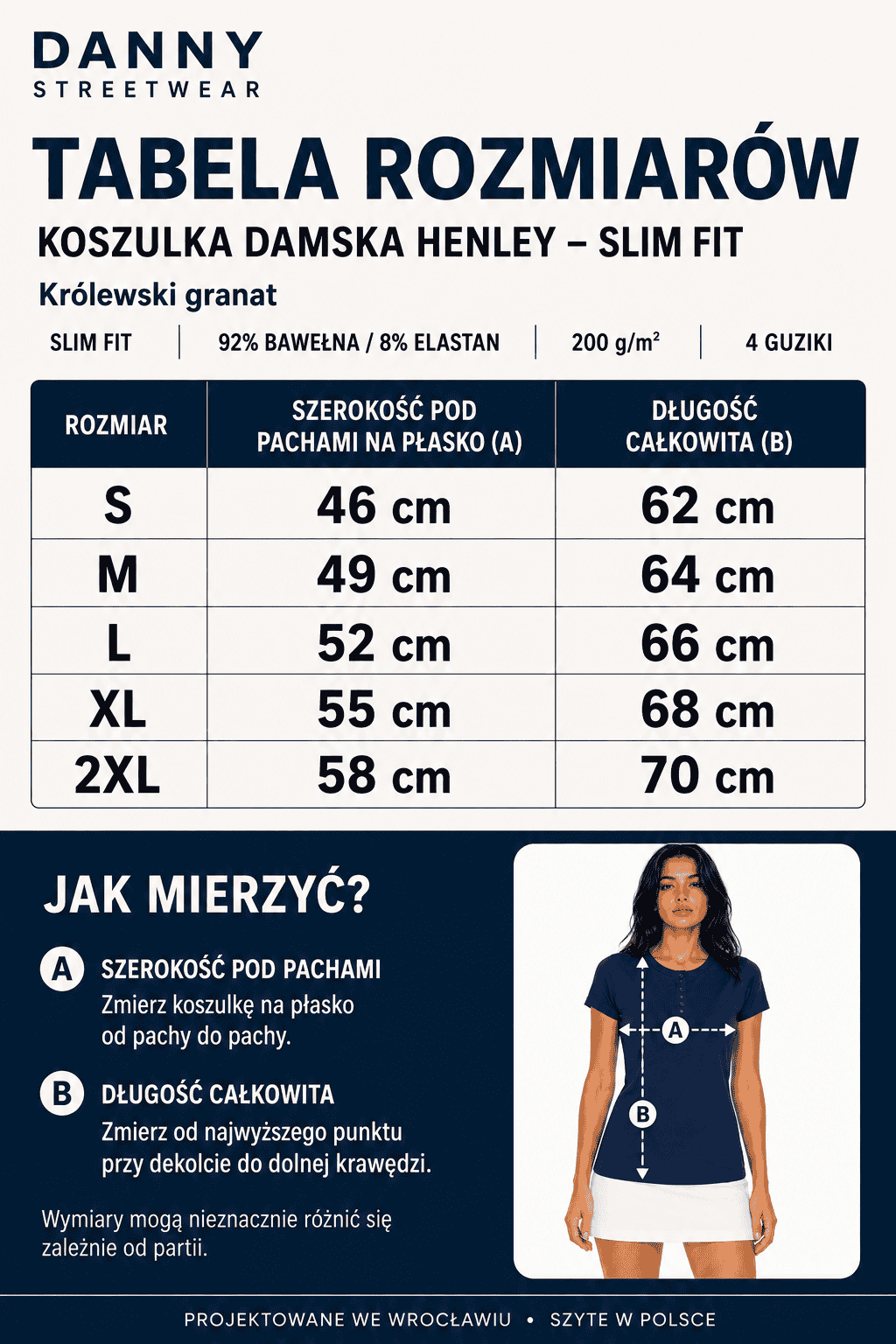 Tabela rozmiarów koszulki damskiej Henley DANNY S–2XL