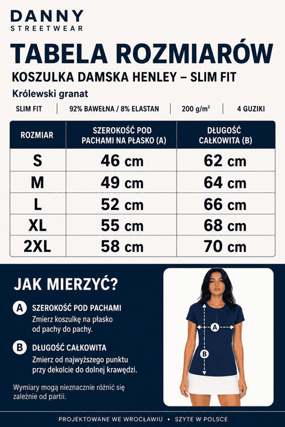 Tabela rozmiarów koszulki damskiej Henley DANNY S–2XL