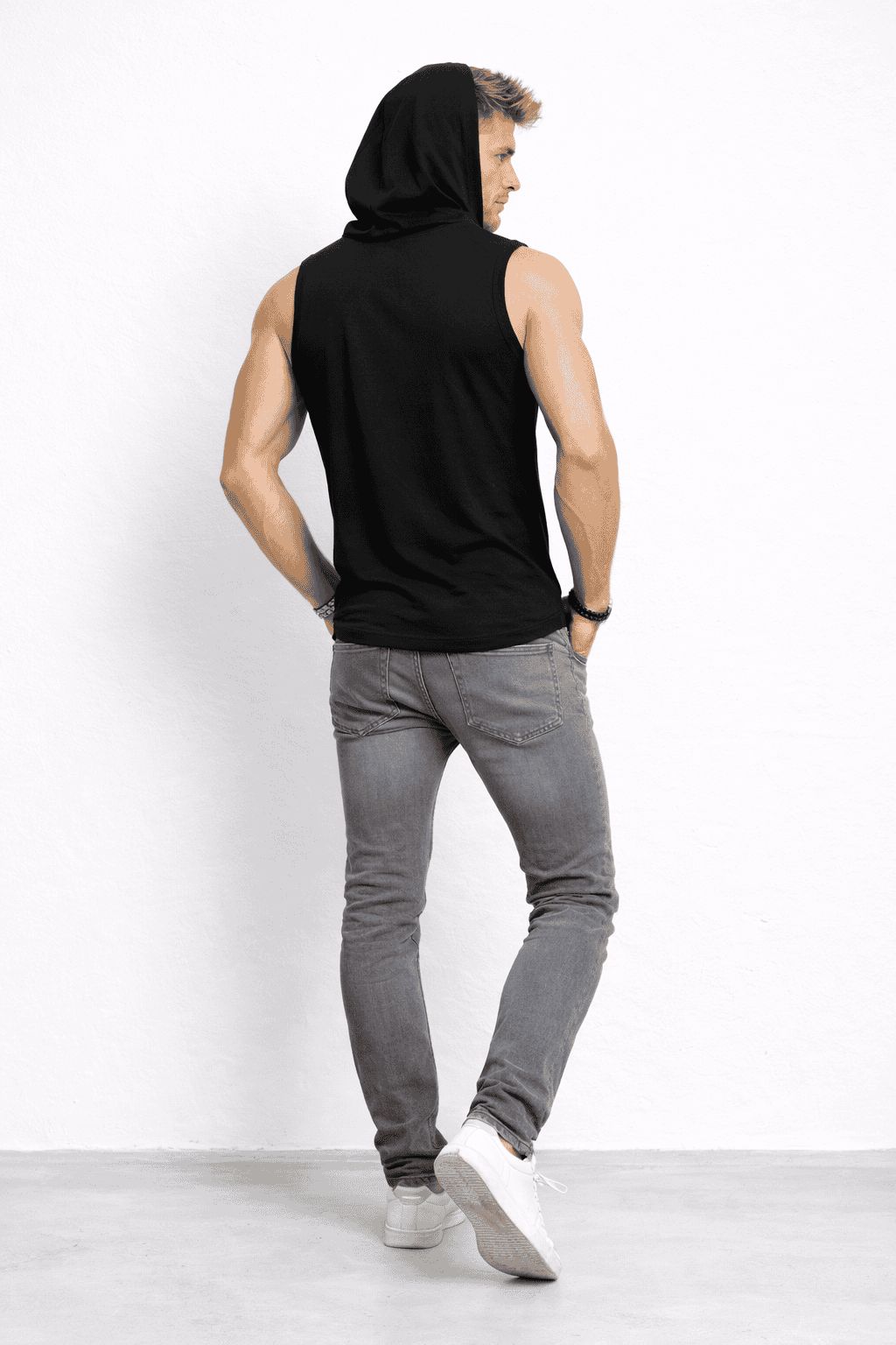 Męski T-shirt Bez Rękawów z Kapturem Czarny W5505 tyl