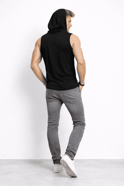 Męski T-shirt Bez Rękawów z Kapturem Czarny W5505 tyl