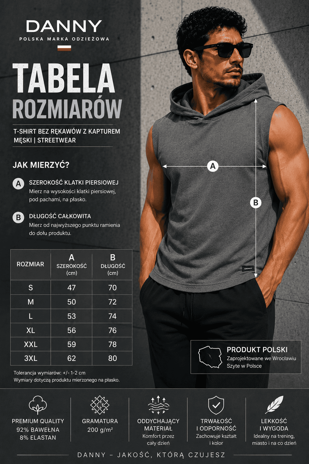 T-shirt męski bez rekawow z kapurem szary Danny tabela rozmiarow
