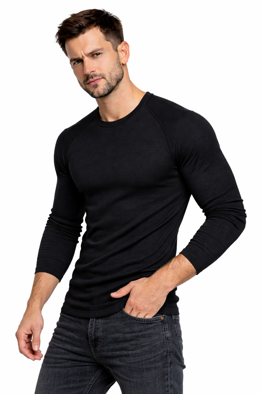Koszulka męska czarna slim fit raglan ujęcie profil