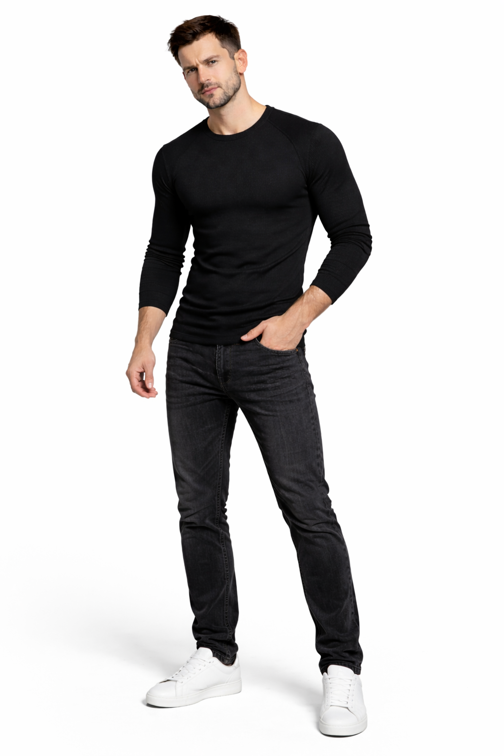 Koszulka męska czarna slim fit raglan ujęcie frontalne