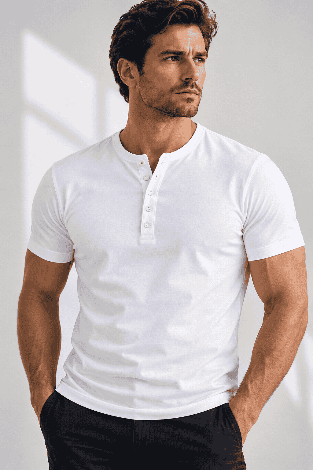 Biała koszulka męska Henley DANNY Slim Fit – widok z przodu