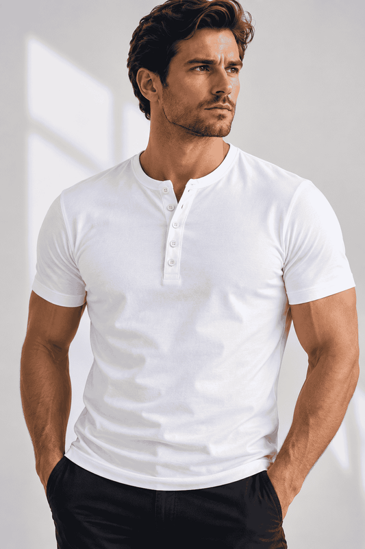 Biała koszulka męska Henley DANNY Slim Fit – widok z przodu