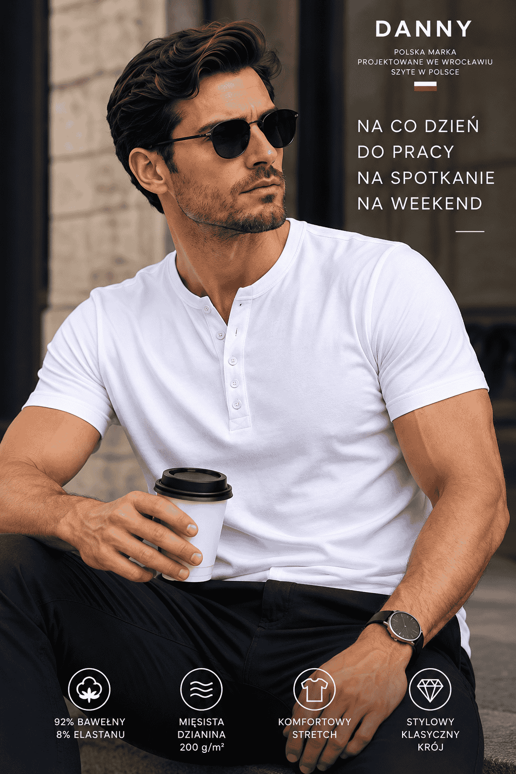 Biała koszulka męska Henley DANNY w stylizacji casual