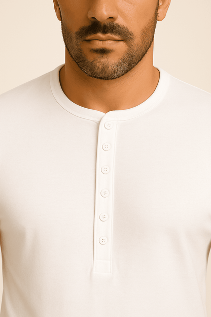 Koszulka męska Henley biała – t-shirt z guzikami, bawełna premium - DANNY