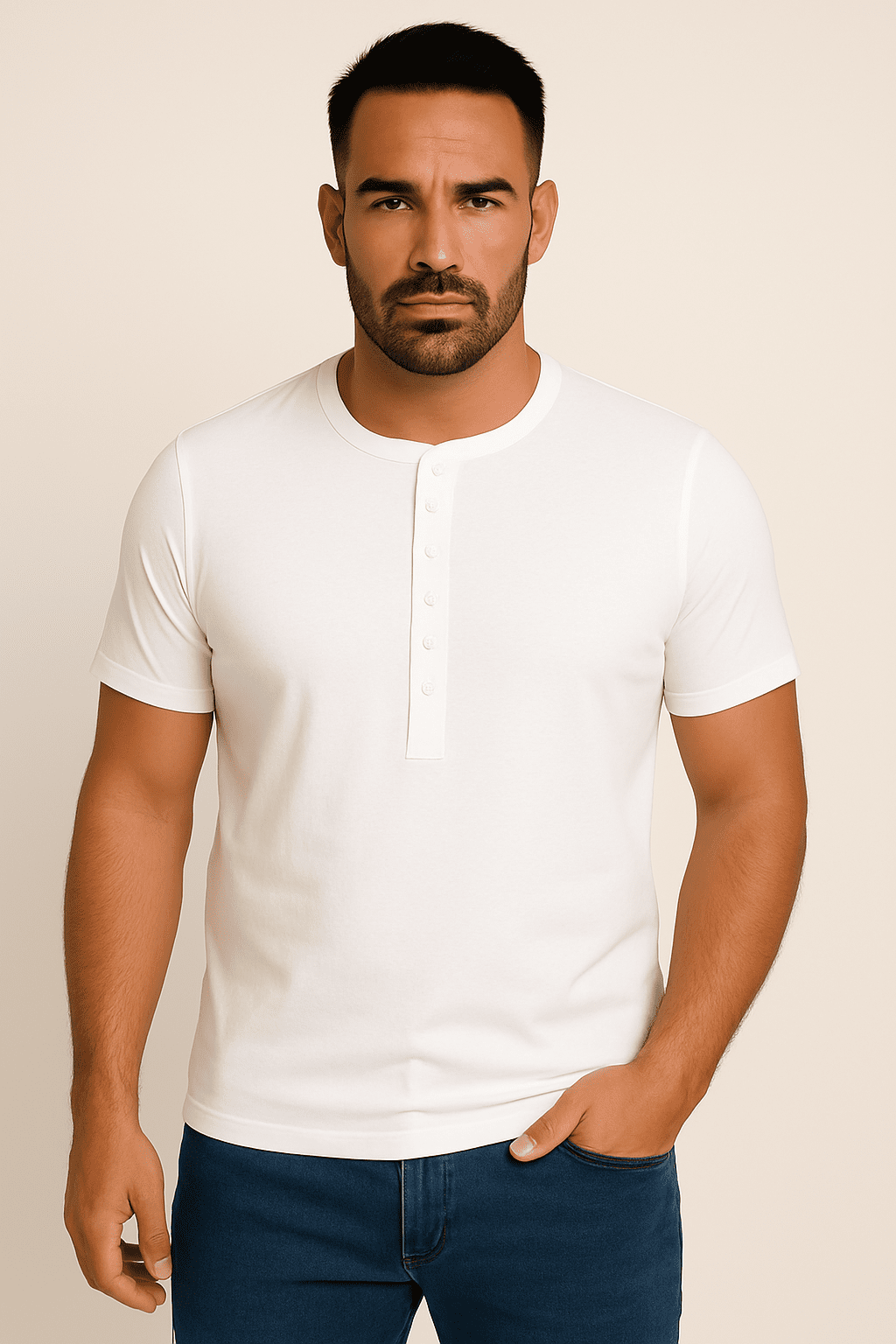 Koszulka męska Henley biała – t-shirt z guzikami, bawełna premium - DANNY