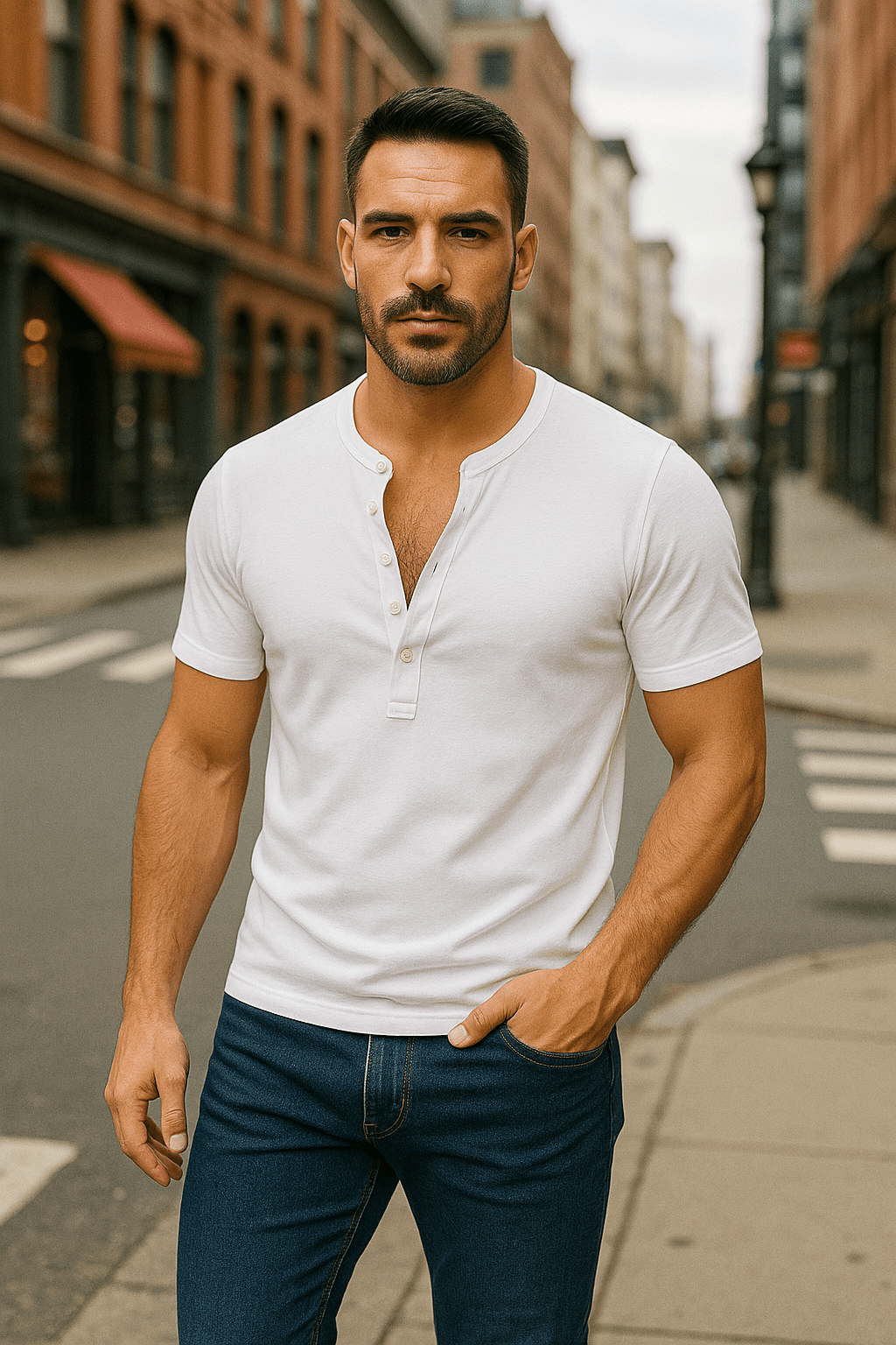 Koszulka męska Henley biała – t-shirt z guzikami, bawełna premium - DANNY