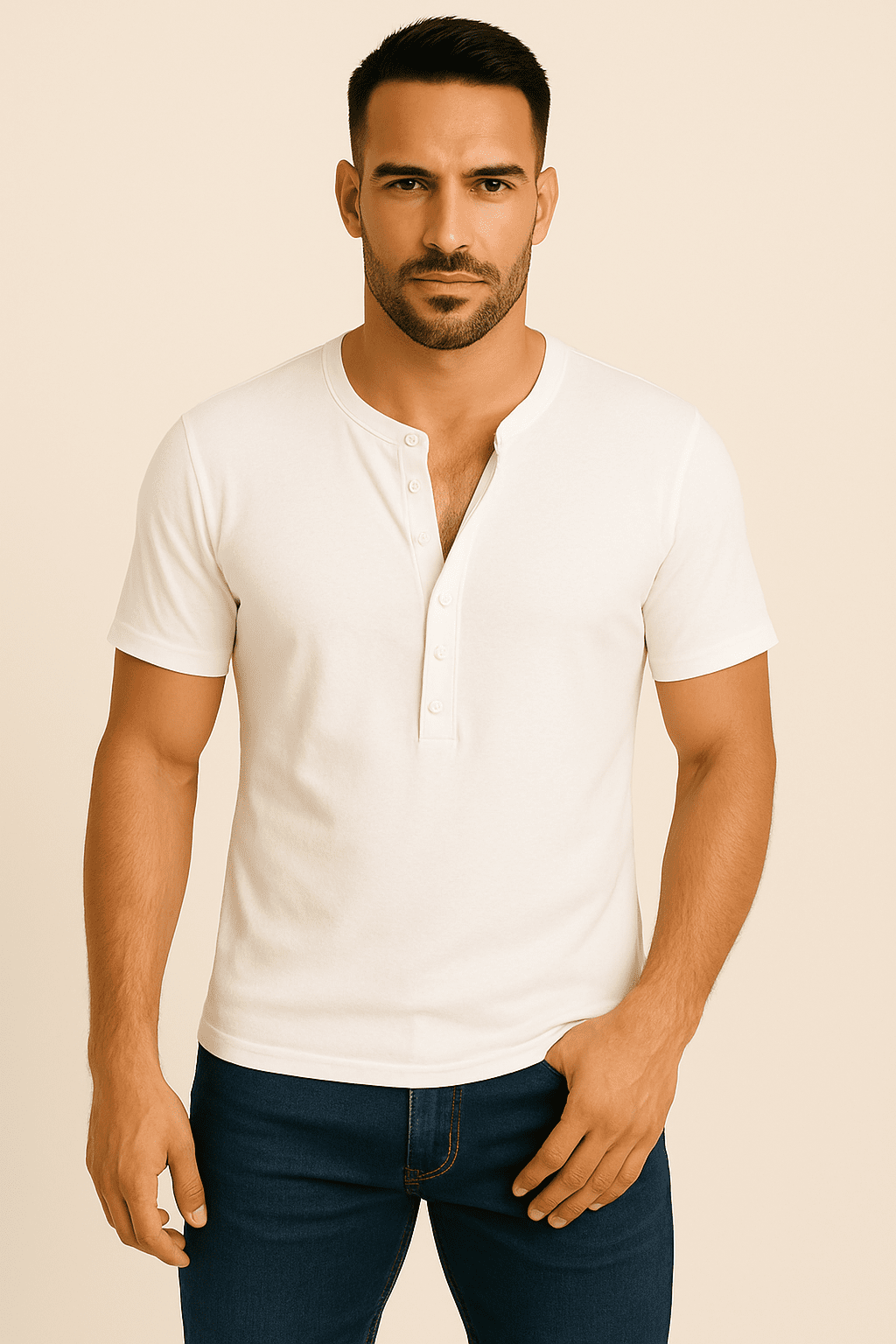 Koszulka męska Henley biała – t-shirt z guzikami, bawełna premium - DANNY